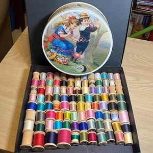 98 Vintage Wooden Spools of Thread and a Vintage Coats and Clark Tin